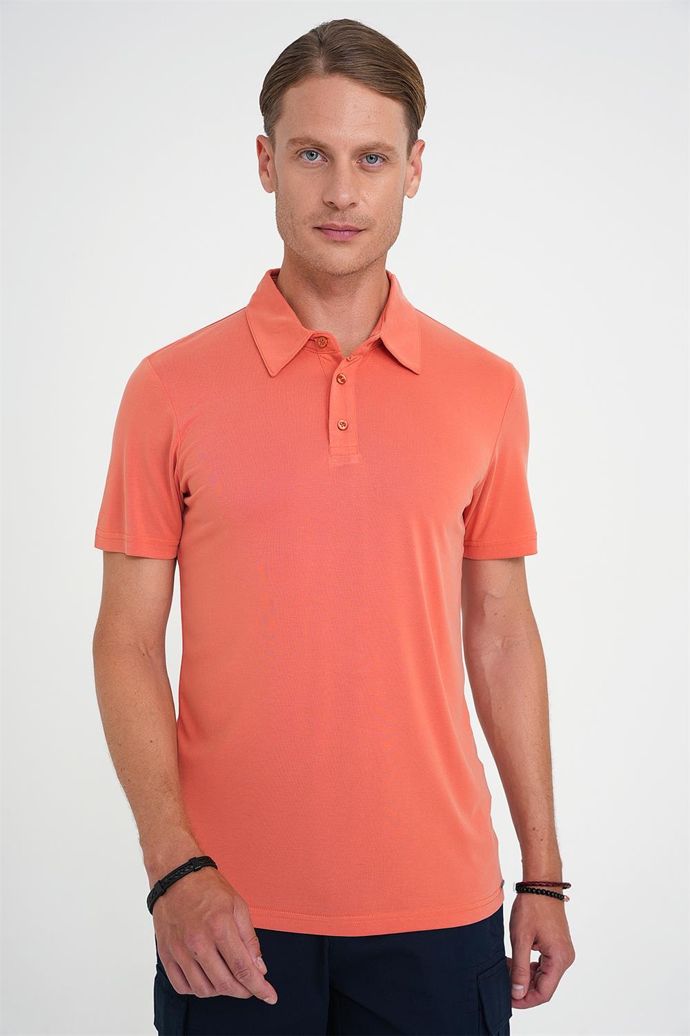 Ts 903 Comfort Fit Polo Yaka Modal Karışım Kısa Kol Casual Turuncu Tişört