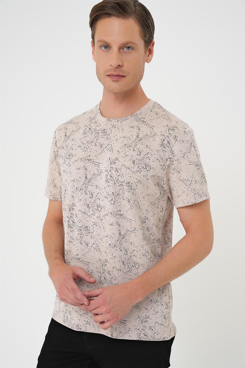 Ts 905 Comfort Fit Bisiklet Yaka Batik Görünmlü Kısa Kol Casual Bej Tişört