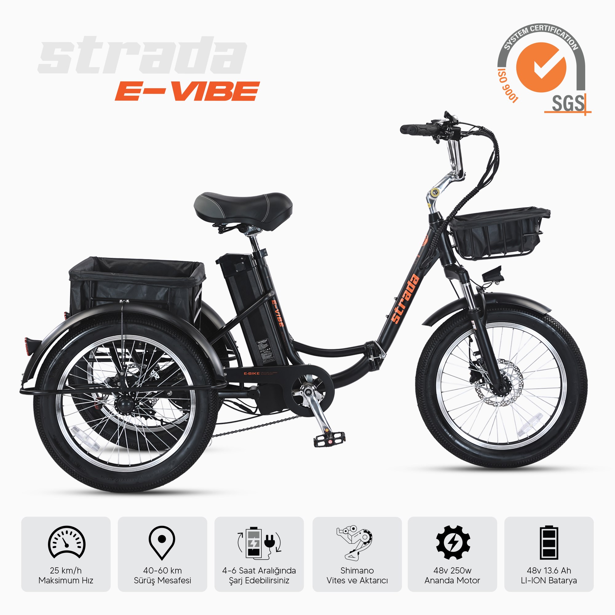 Strada E-VIBE Hidrolik Disk 20 Jant Üç Tekerlekli Elektrikli Bisiklet