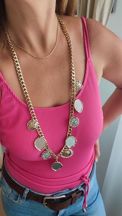 BRONZ ESKİTME PULLU UZUN KOLYE 