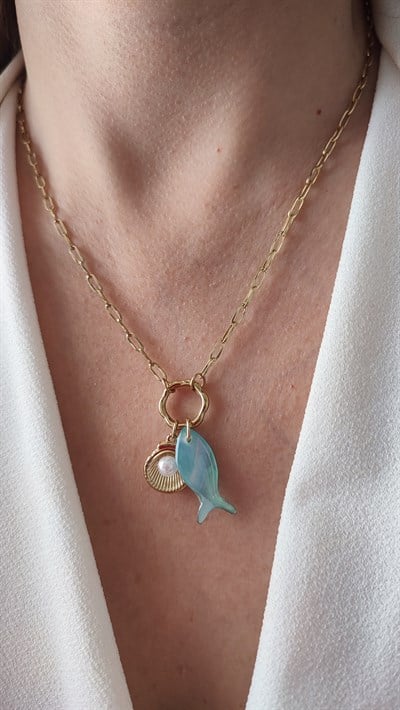 ÇELİK 14K BALIK VE İNCİLİ KOLYE (47 CM)