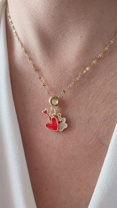 ÇELİK 14K KIRMIZI KALP KOLYE (46 CM)