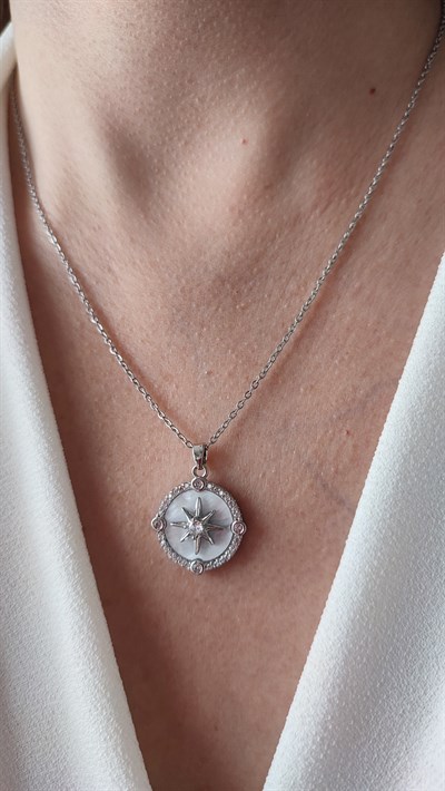 ÇELİK SİLVER TAŞLI KUTUP YILDIZLI KOLYE (48 CM)