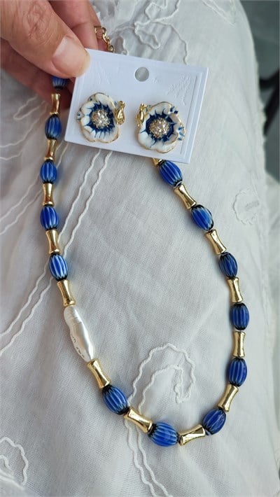 LACİVERT CAM MURANO BONCUKLU KOLYE VE KÜPE KOMBİNİ 