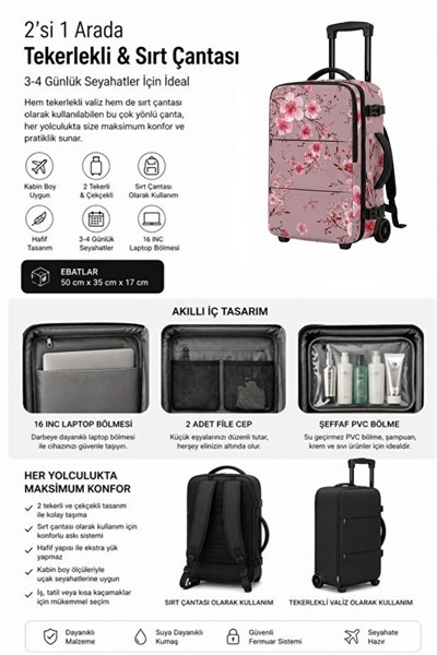 ✈️ WOYS TRAVEL Valize Gerek Bırakmayan Kabin Boy Pembe Çiçek Desenli Seyahat Çantası