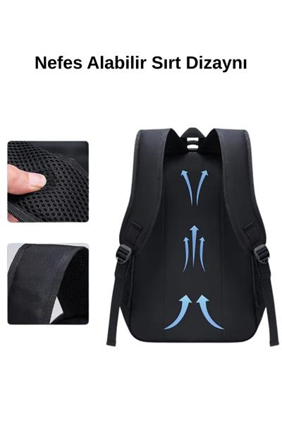 3 Bölmeli Unisex Siyah Renk Laptop Okul Kurs Kamp Seyehat Gezi Günlük Kullanım Sırt Çantası