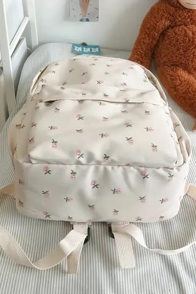 4 Bölmeli Geniş Ebatlı Çiçek Desenli Kadın Sırt Çantası - Günlük Kullanım Kadın Sırt Çantası