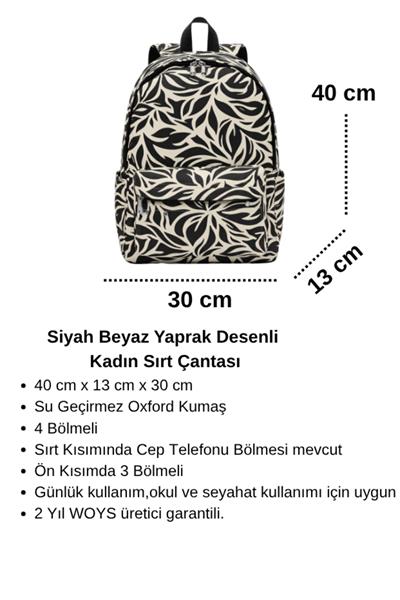 4 Bölmeli Geniş Siyah Beyaz Yaprak Desenli Kadın Sırt Çantası - Günlük Kullanım Kadın Sırt Çantası