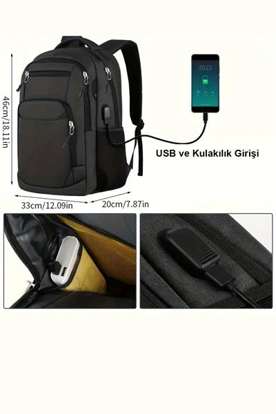 4 Bölmeli USB Portlu Business ve Seyahat Kullanım İçin Siyah Renk Sırt Çantası
