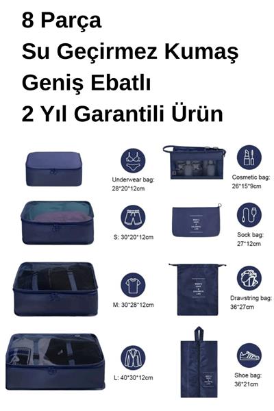 8 PARÇA Premium Lacivert Renk Seyahat Valiz İçi Organizer -Bavul Ambalaj Seti Saklama, Hurç