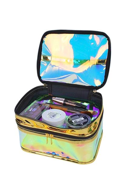 Woys Altın Sarısı Neon Şeffaf Makyaj Çantası - 2 Bölmeli FONKSİYONLU ORGANİZER