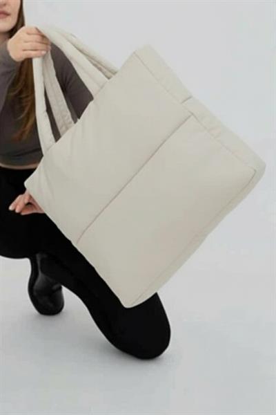 Bej Kabartmalı Pamuklu Kumaş Shopper Çanta -Okul Omuz Çantası
