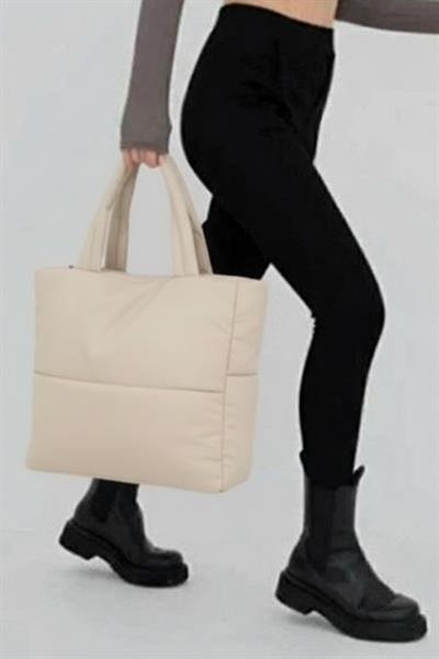 Bej Kabartmalı Pamuklu Kumaş Shopper Çanta -Okul Omuz Çantası