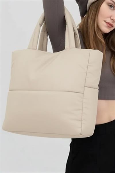 Bej Kabartmalı Pamuklu Kumaş Shopper Çanta -Okul Omuz Çantası