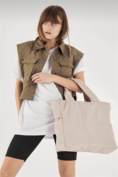 Woys Haki Renk Kabartmalı Puf Kumaş Shopper Çanta