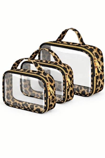 Kadın 3 Adet Leopar Desen Şeffaf Seyahat Makyaj Çantası Şeffaf Makyaj Çantası
