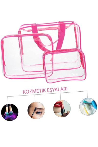  Woys 3 Adet Pembe Renk Şeffaf Seyahat Makyaj Çantası Şeffaf Makyaj Çantası