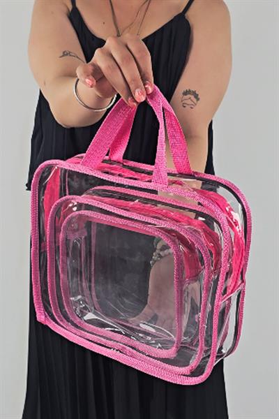 Kadın 3 Adet Pembe Renk Şeffaf Seyahat Makyaj Çantası Şeffaf Makyaj Çantası