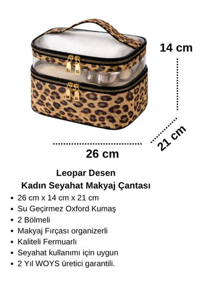 Leopar Desenli Seyahat Bakım Çantası Şeffaf Bölmeli- 2 Bölmeli FONKSİYONLU ORGANİZER