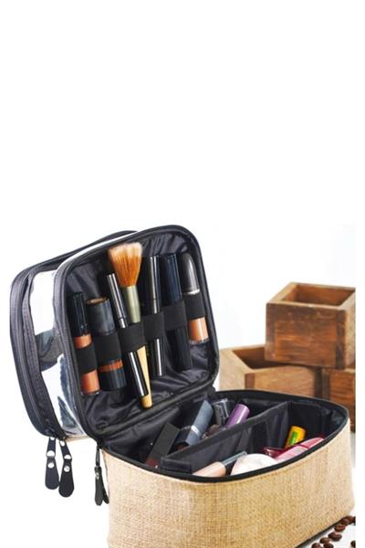 Makyaj Çantası Jüt 2 Şeffaf Bölmeli - 2 Bölmeli