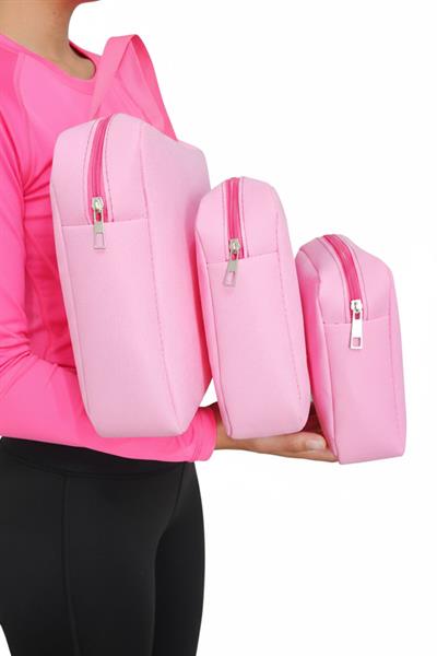 Pembe Renk 3 lü Makyaj Çantası, Seyahat Makyaj Çantası, Kozmetik ve Kıyafetleri Taşımak İçin Uygun
