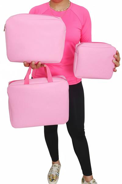 Pembe Renk 3 lü Makyaj Çantası, Seyahat Makyaj Çantası, Kozmetik ve Kıyafetleri Taşımak İçin Uygun