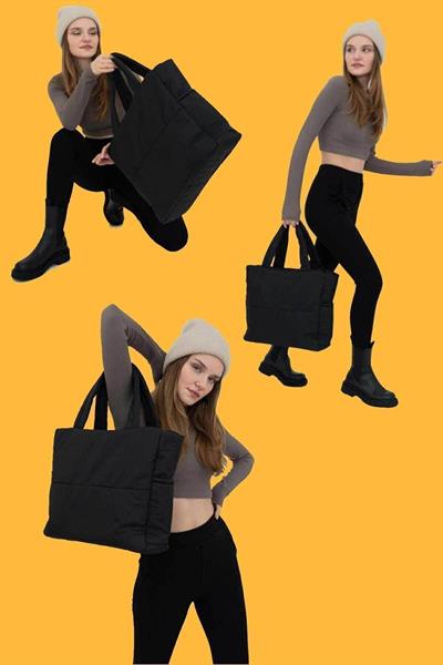 Siyah Kabartmalı Pamuklu Kumaş Shopper Çanta -Okul Omuz Çantası