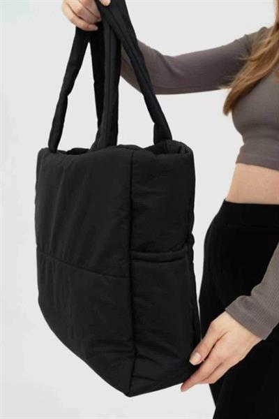 Siyah Kabartmalı Pamuklu Kumaş Shopper Çanta -Okul Omuz Çantası