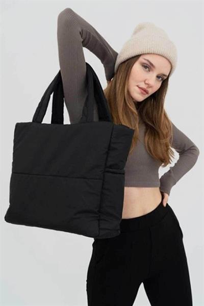Siyah Kabartmalı Pamuklu Kumaş Shopper Çanta -Okul Omuz Çantası
