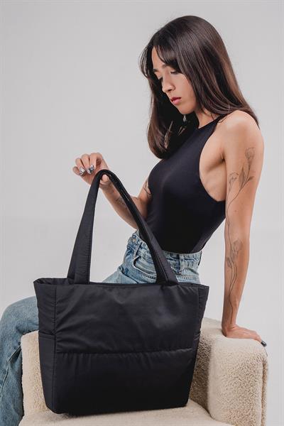 Woys Siyah Renk Kabartmalı Puf Kumaş Shopper Çanta