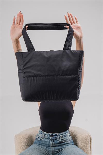 Woys Siyah Renk Kabartmalı Puf Kumaş Shopper Çanta