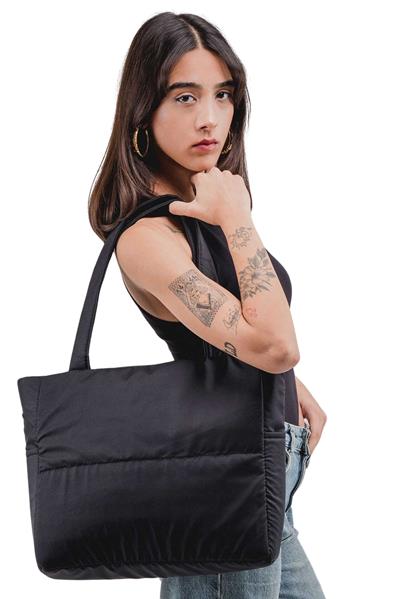 Woys Siyah Renk Kabartmalı Puf Kumaş Shopper Çanta