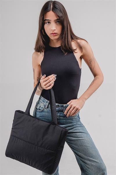 Woys Siyah Renk Kabartmalı Puf Kumaş Shopper Çanta