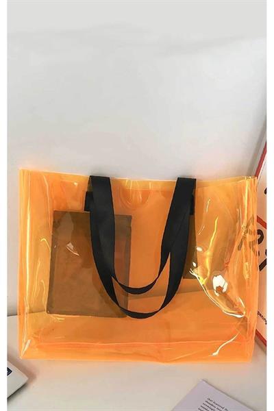 Woys Turuncu Renk PVC Kumaş Su Geçirmez Kadın Plaj Çantası - Cep Detaylı Şeffaf Plaj Çantası