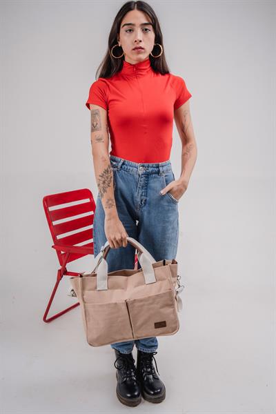 ÜÇ GÖZLÜ THE TOTE BAG DÜZ BEJ CANVAS KADIN OMUZ ÇANTA