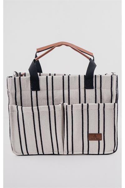 ÜÇ GÖZLÜ THE TOTE BAG SİYAH ÇİZGİLİ CANVAS KADIN OMUZ ÇANTA