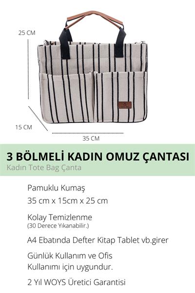 ÜÇ GÖZLÜ THE TOTE BAG SİYAH ÇİZGİLİ CANVAS KADIN OMUZ ÇANTA
