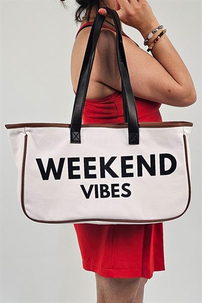 Weekend Vibes Baskılı Kanvas Kumaş Kadın Plaj Çantası