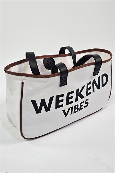 Weekend Vibes Baskılı Kanvas Kumaş Kadın Plaj Çantası