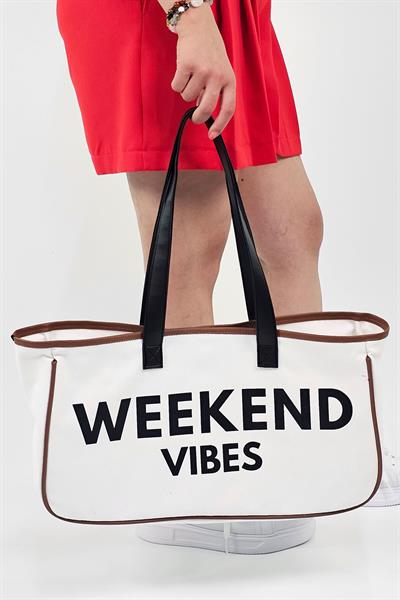 Weekend Vibes Baskılı Kanvas Kumaş Kadın Plaj Çantası