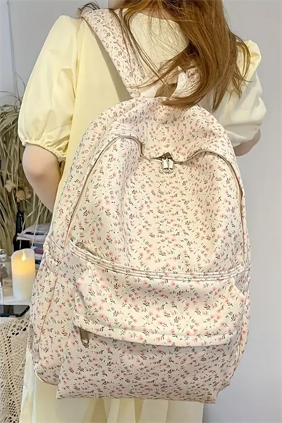 Woys 4 Bölmeli Geniş Ebatlı Küçük Çiçek Desenli Kadın Sırt Çantası - Günlük Kullanım Kadın Sırt Çantası