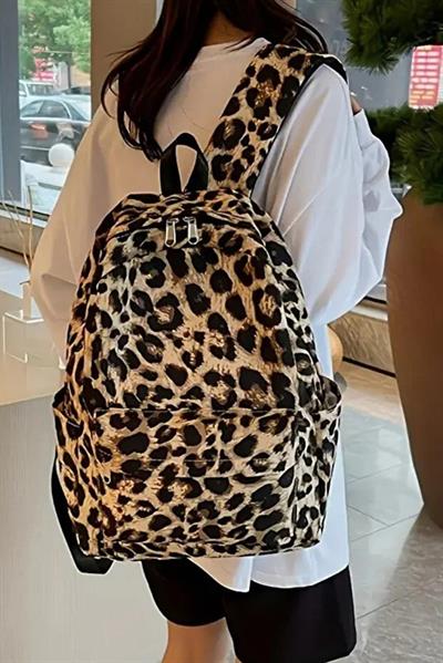 Woys 4 Bölmeli Geniş Ebatlı Leopar Desenli Kadın Sırt Çantası - Günlük Kullanım Kadın Sırt Çantası