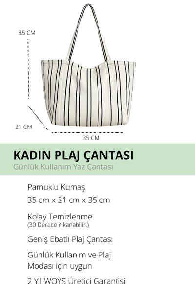Woys Siyah Çizgili Desen Dokuma Plaj Çantası
