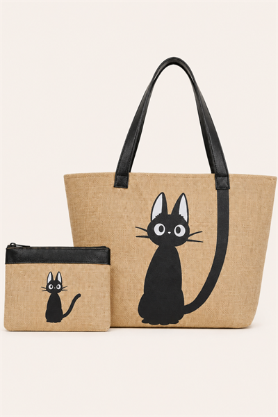 WOYS TRAVEL Cat Hasır Plaj Çantası ve Makyaj Çantası İkili Set Kedi Baskılı