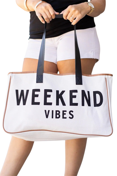 Woys Weekand Vibes Baskılı Kanvas Kumaş Kadın Plaj Çantası  Makyaj Çantası Hediyeli