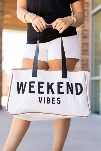 Woys Weekand Vibes Baskılı Kanvas Kumaş Kadın Plaj Çantası  Makyaj Çantası Hediyeli