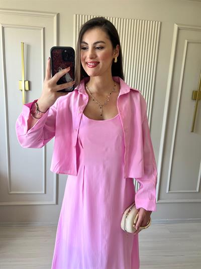 Gömlekli Askılı Tensel Elbise Takım Pembe - 1023