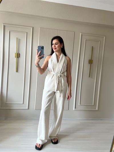 Halter Yaka Keten Dokulu Takım Bej - 1028