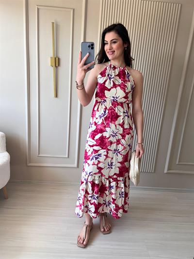 Manolya Çiçekli Pembe Elbise - 1027