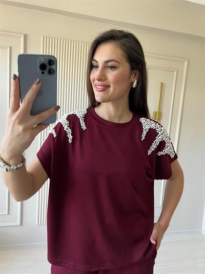 Omzu İncili Modal Takım Bordo  - 1029